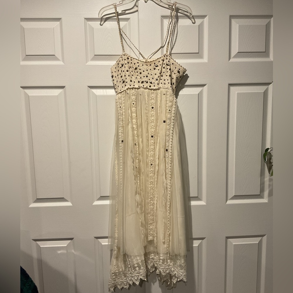 Free People Studded Lace Party Maxi Dress Cream White Bohemian Peasant sz 10 NEW - Picture 7 of 7